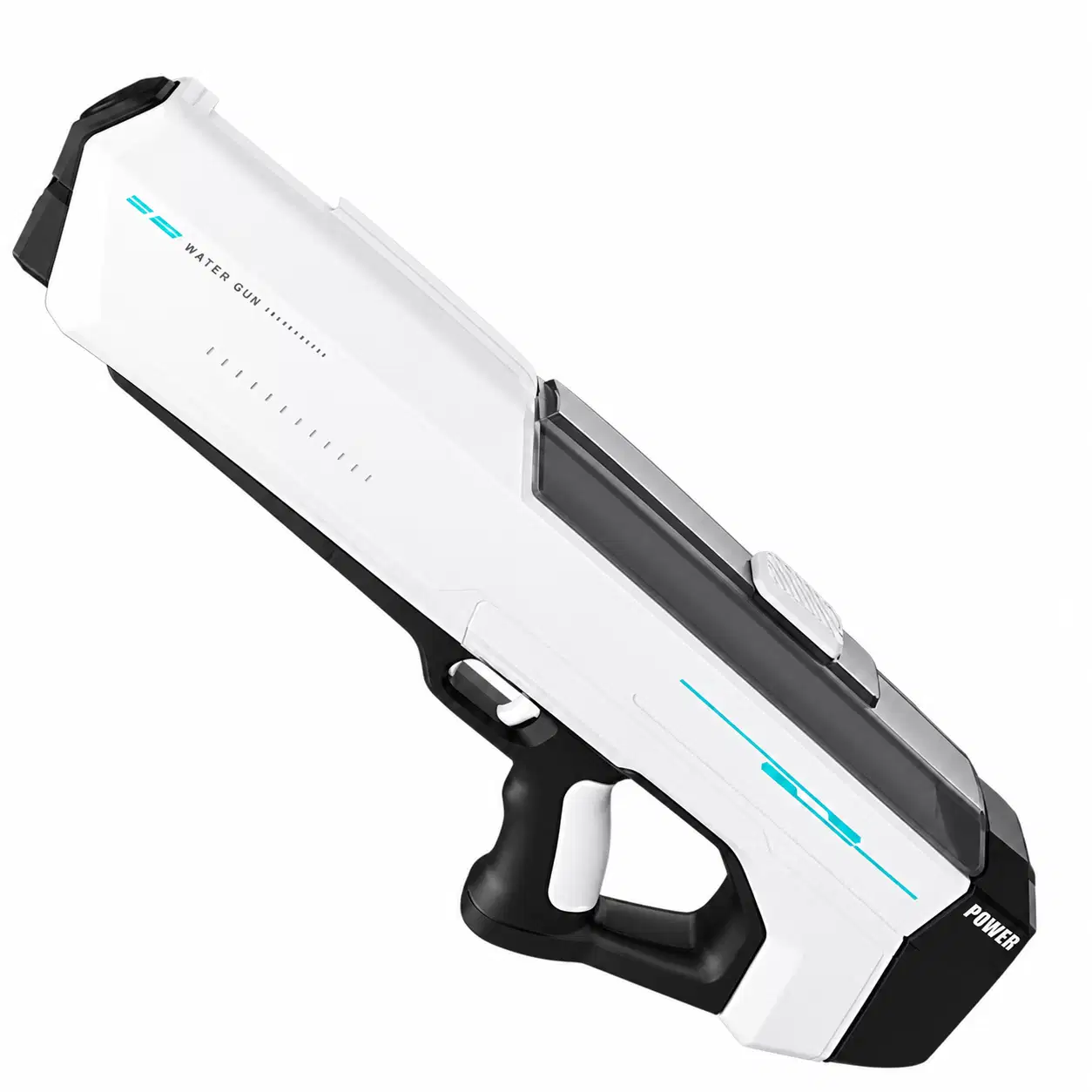 Pistolet à eau électrique blanc et noir à accents cyan, de forme futuriste