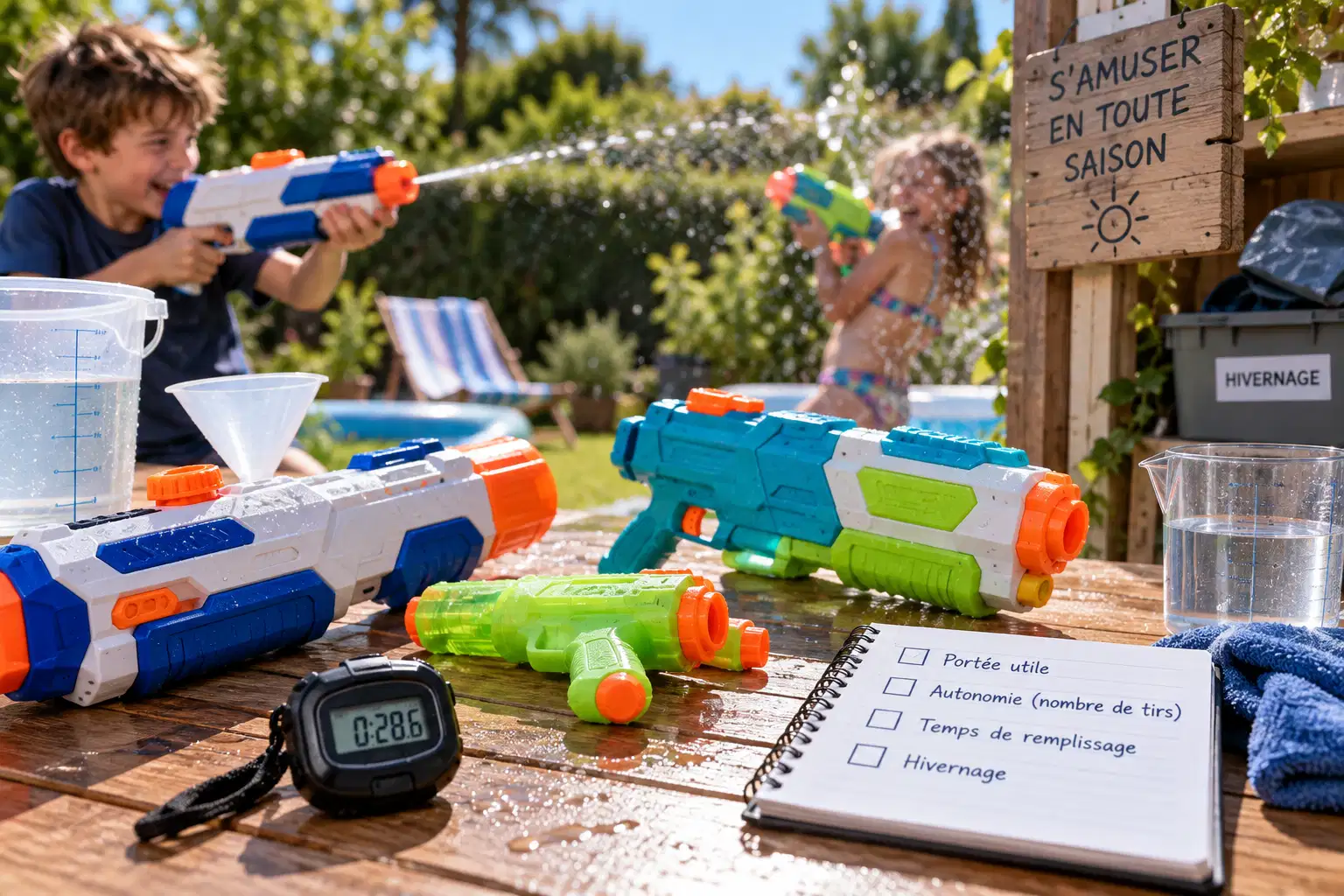 Quatre pistolets à eau posés sur une table de jardin mouillée avec un chronomètre, un broc gradué, un entonnoir et un carnet listant portée utile, autonomie, temps de remplissage et hivernage ; au fond, deux enfants s’arrosent dans un jardin