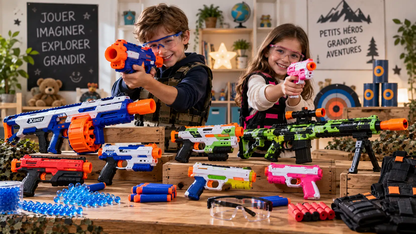 Deux enfants en lunettes de protection visent avec des blasters à fléchettes, devant une table couverte de pistolets jouets, de fléchettes en mousse, de billes de gel bleues et de lunettes ; au fond, des cibles