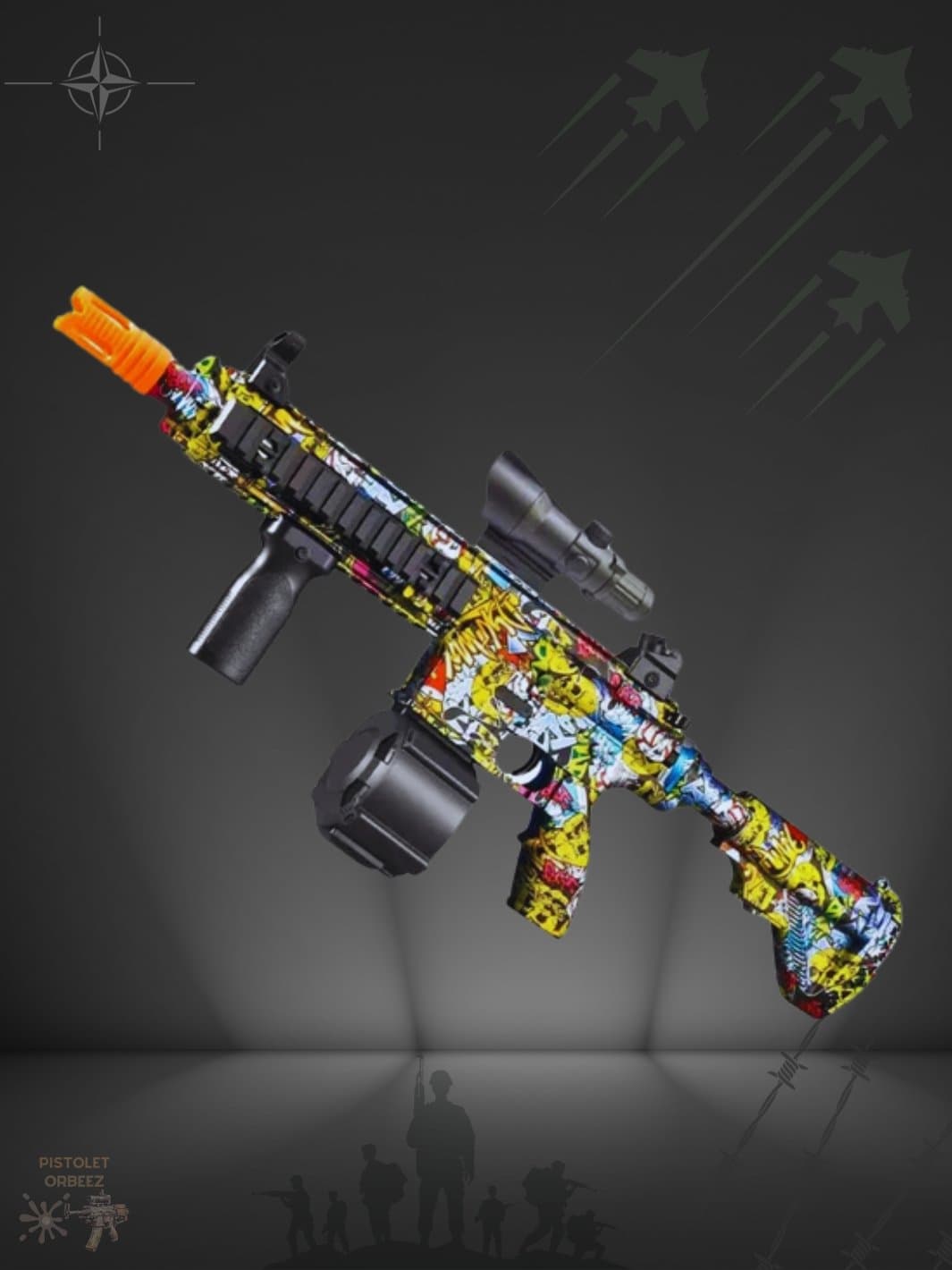 pistolet à orbeez M416 de couleur jaune avec un viseur