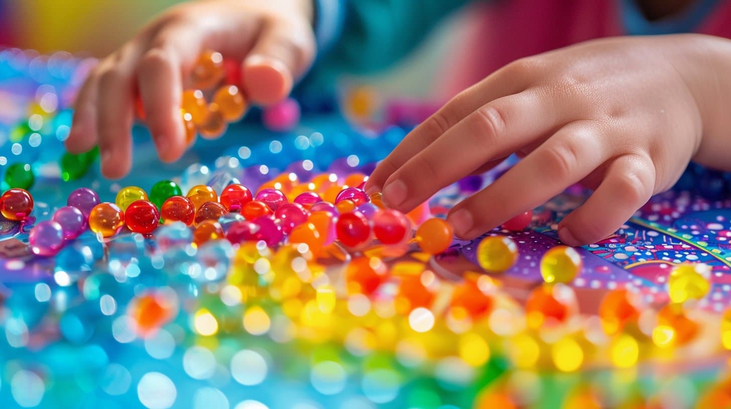 les mains d'un enfant jouant avec des orbeez colorés