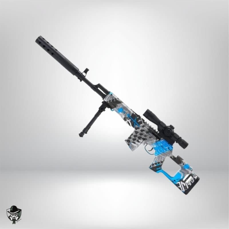 gel blaster sniper de couleur bleue et graffiti