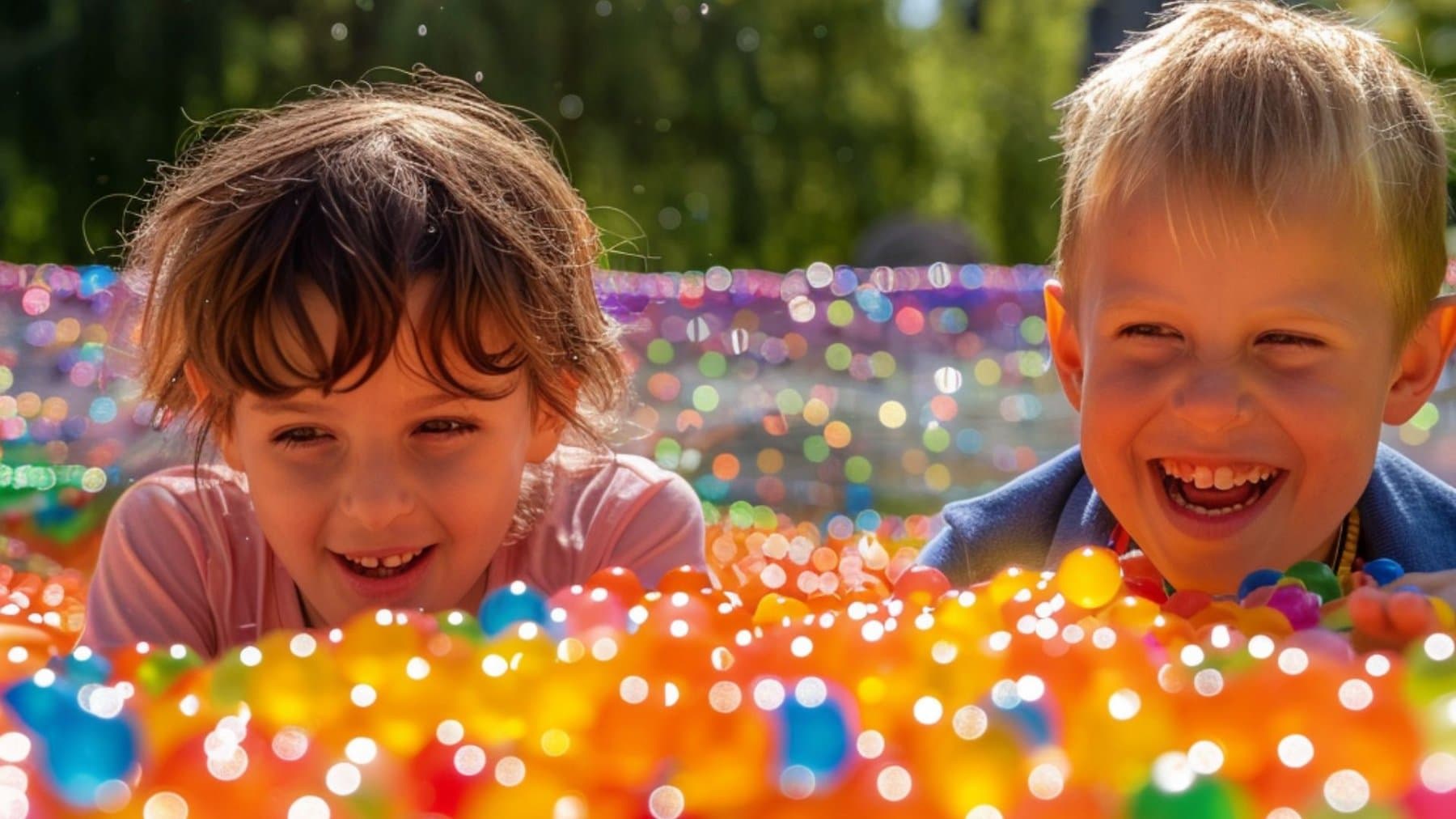 deux enfants qui jouent avec des orbeez et qui qui ont l'air très content de ce loisir