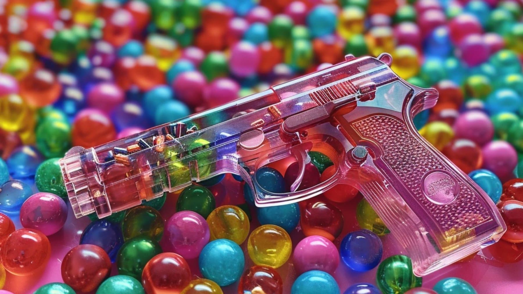 pistolets à orbeez avec plein de perles d'eau colorés autour stable avec leur durée de vie