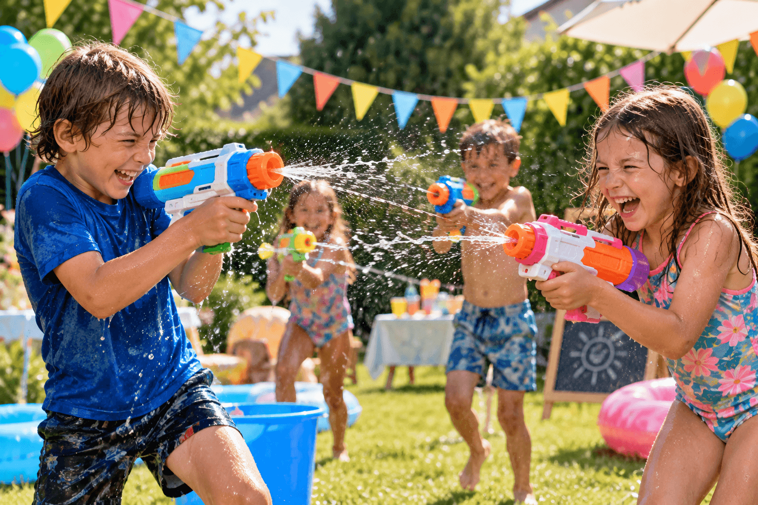 Enfants en pleine bataille d’eau dans un jardin