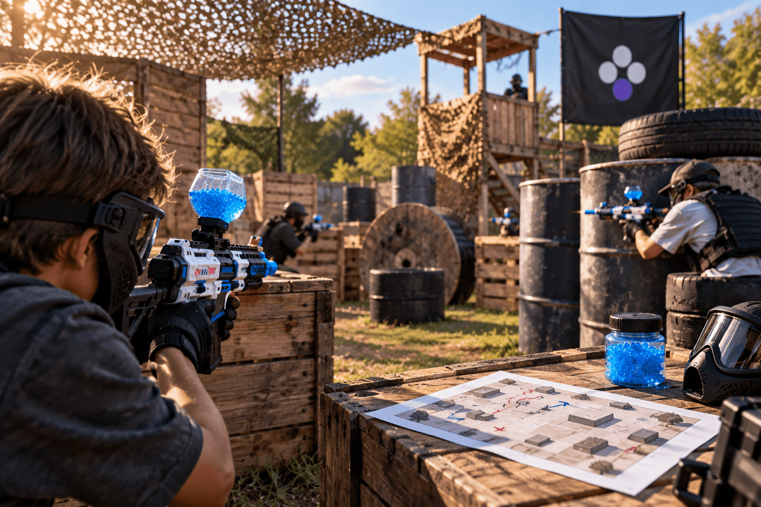 Joueurs équipés de lunettes de protection lors d’une partie de gel blaster