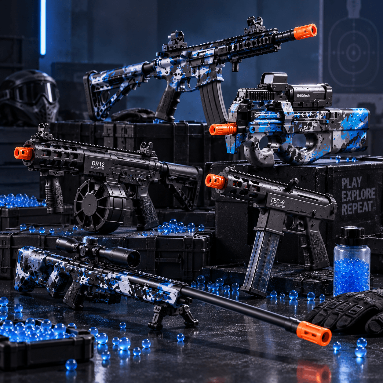 Cinq gel blasters en camouflage bleu, entourés de billes d’eau, sur des caisses de matériel