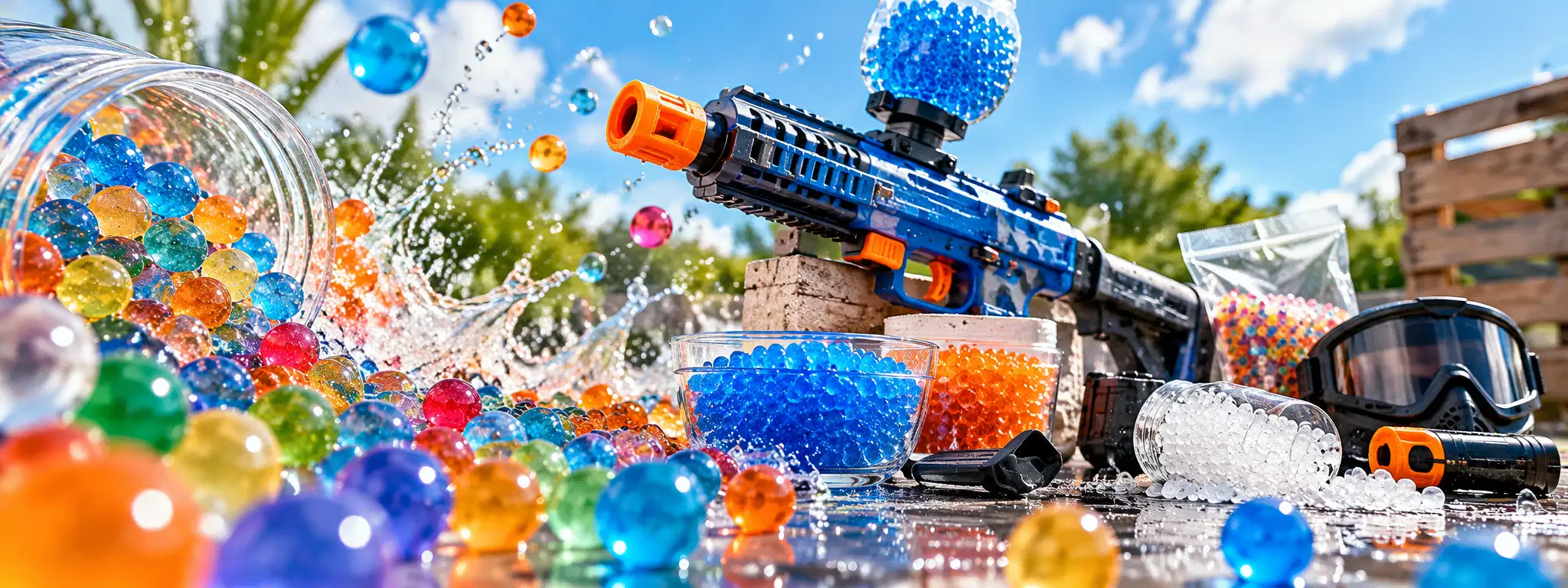 Pistolet Gel Blaster bleu et orange projetant une volée de billes de gel bleues, entouré de billes d’Orbeez multicolores, d’un bocal renversé et de lunettes de protection, en extérieur.