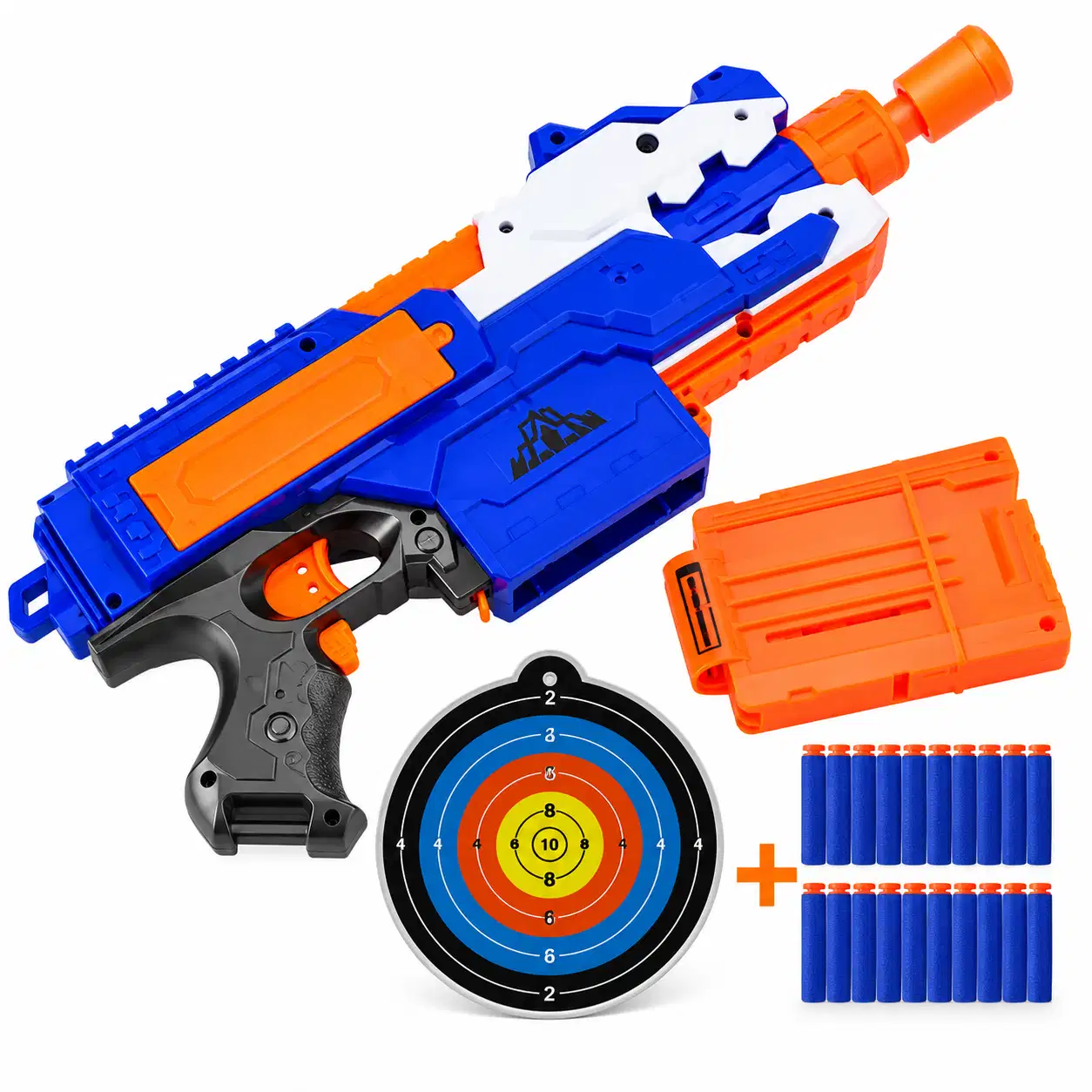 Pistolet à fléchettes en mousse bleu et orange, livré avec un chargeur, une cible et des fléchettes en mousse bleues