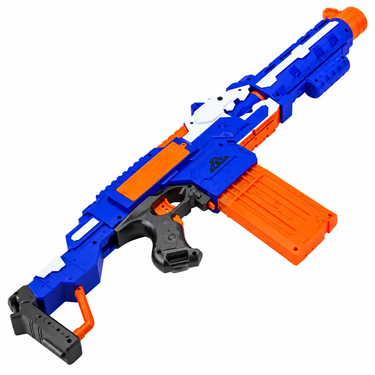 Grand fusil à fléchettes en mousse bleu, orange et blanc, avec crosse, poignée et long canon