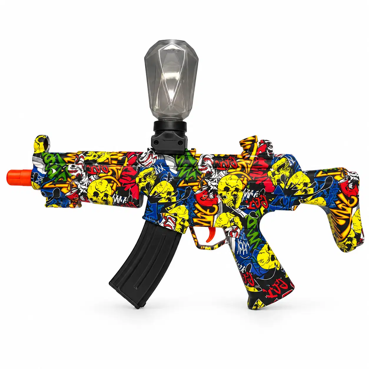 NEXAR K7 vu de profil gauche, coque graffiti jaune, rouge et bleue à motifs de crânes, réservoir facetté translucide sur le dessus et embout de canon orange