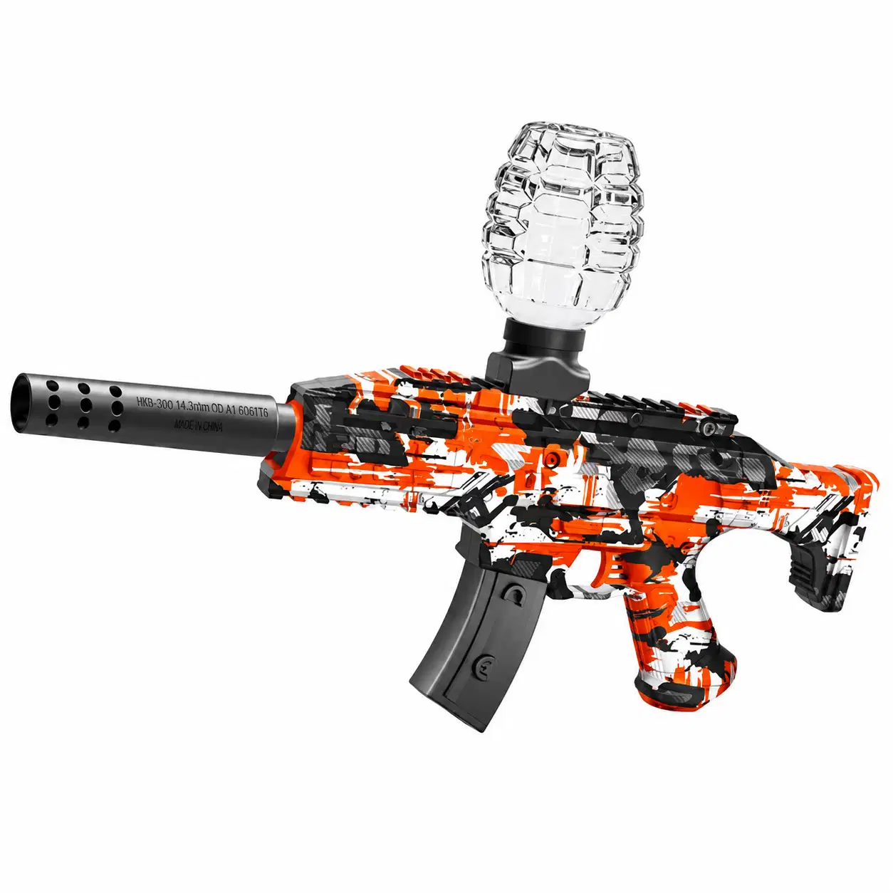 NEXAR V5 orange vu de profil gauche, canon noir allongé et coque éclaboussée d'orange, de blanc et de noir