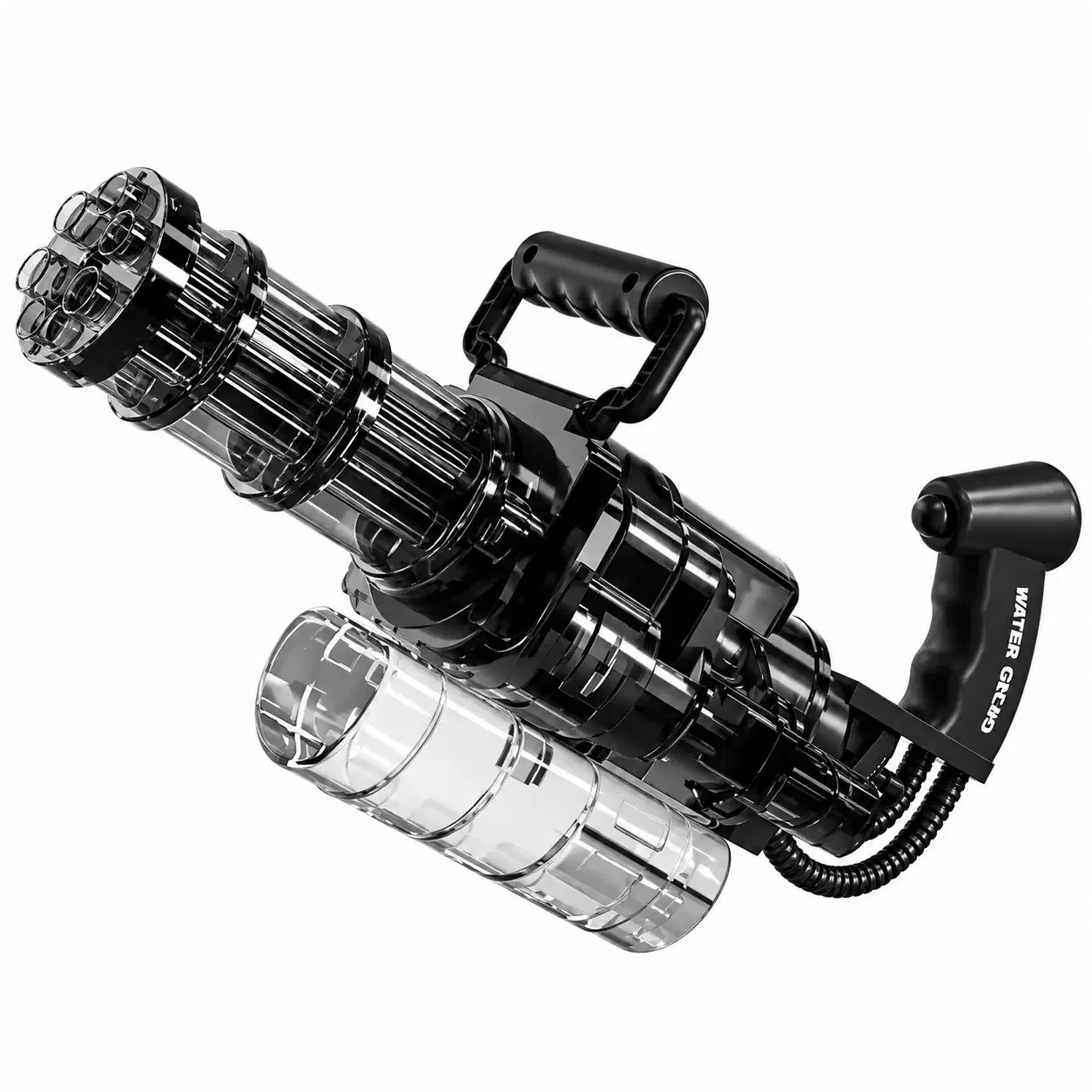 Minigun à eau noir de style Gatling, à canons rotatifs et réservoir d’eau transparent