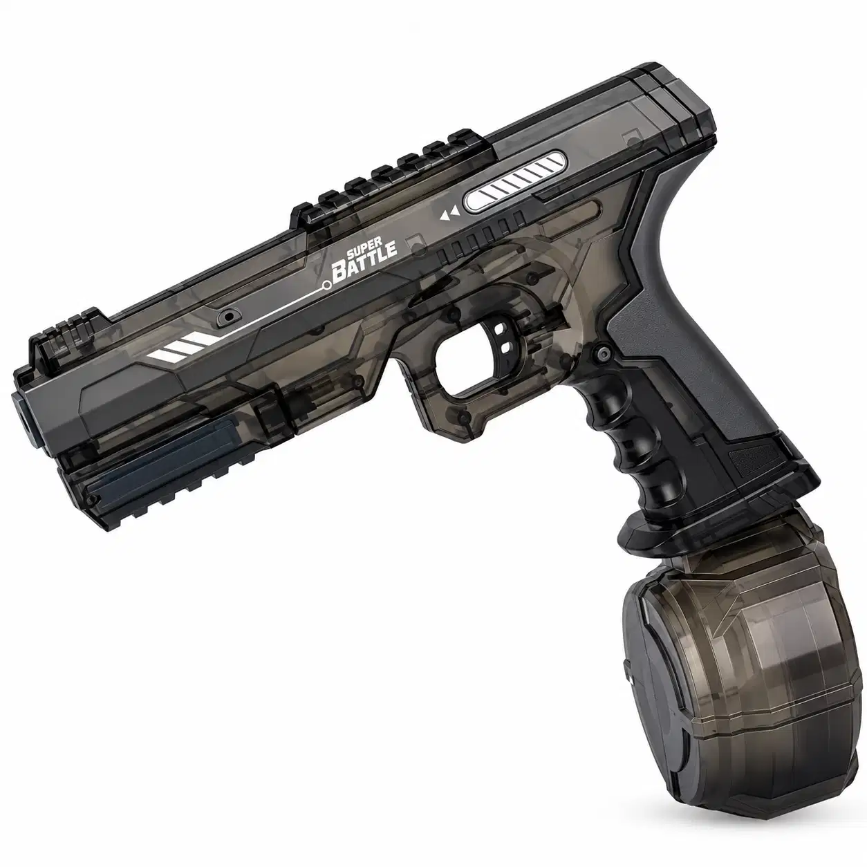 Pistolet à eau translucide fumé de style futuriste, avec chargeur tambour rond