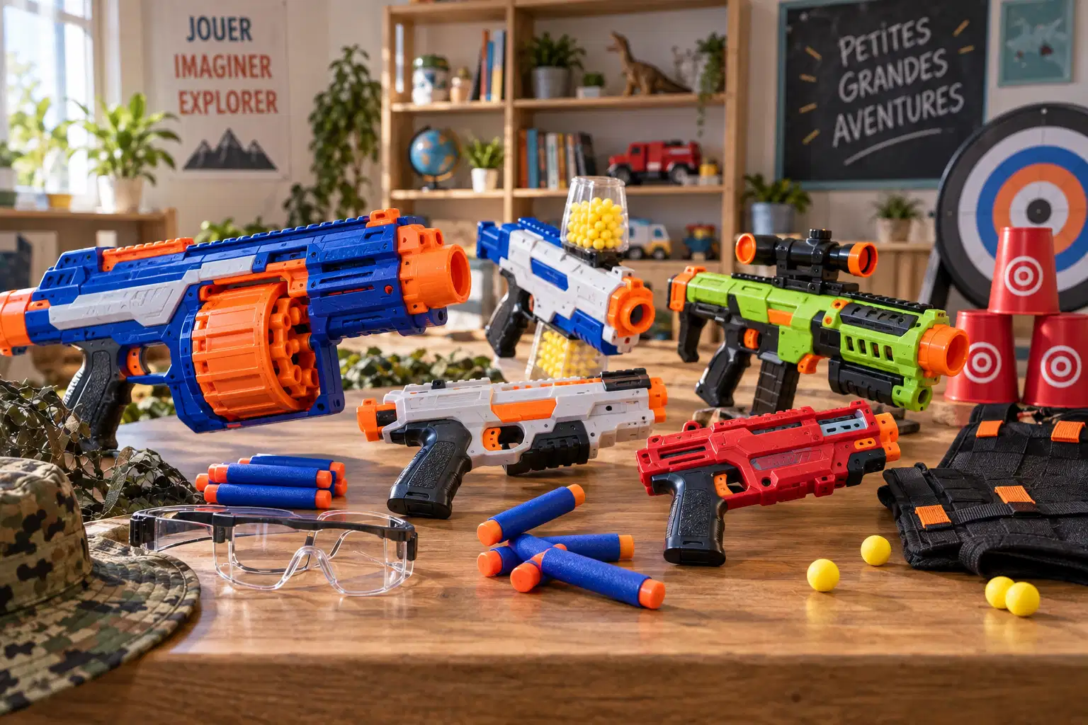 Cinq blasters à fléchettes en mousse posés sur une table, avec des fléchettes bleues à embout orange, des lunettes de protection, une cible et un gilet