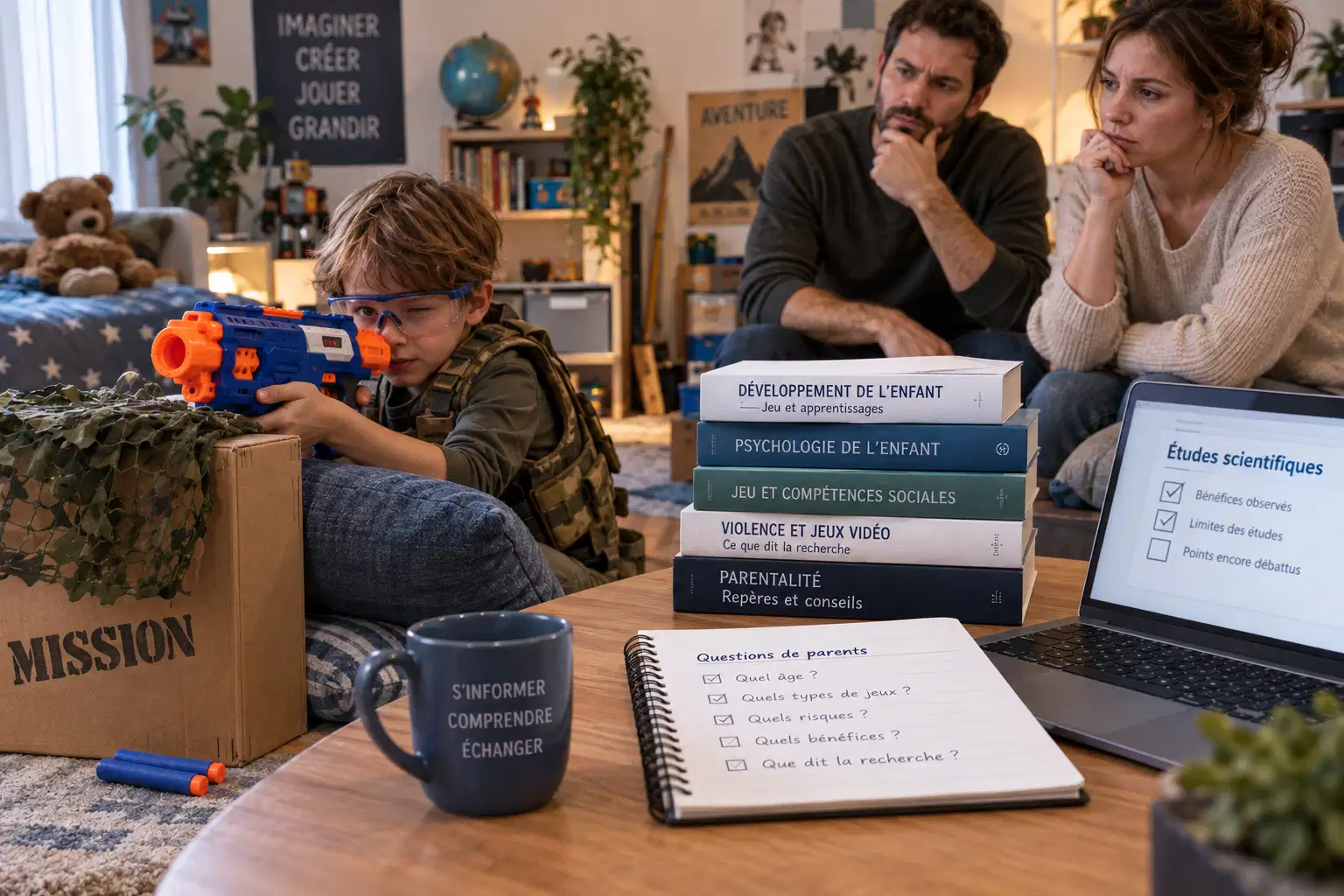 Un enfant en lunettes de protection joue avec un pistolet à fléchettes derrière un abri en carton, tandis que deux parents songeurs l’observent ; au premier plan, une pile d’ouvrages de psychologie de l’enfant, un carnet de questions de parents et un écran listant bénéfices, limites et points encore débattus