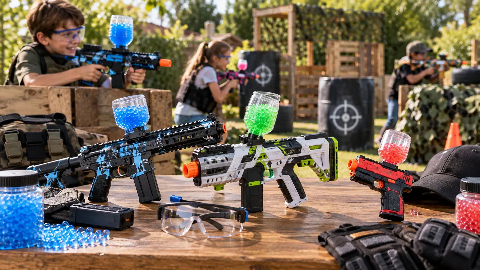 Trois gel blasters posés sur une table de jardin, réservoirs remplis de billes bleues, vertes et rouges, avec des lunettes de protection, des chargeurs et des bocaux de billes ; à l’arrière-plan, trois joueurs équipés de lunettes s’affrontent sur un terrain délimité par des palettes et des cibles