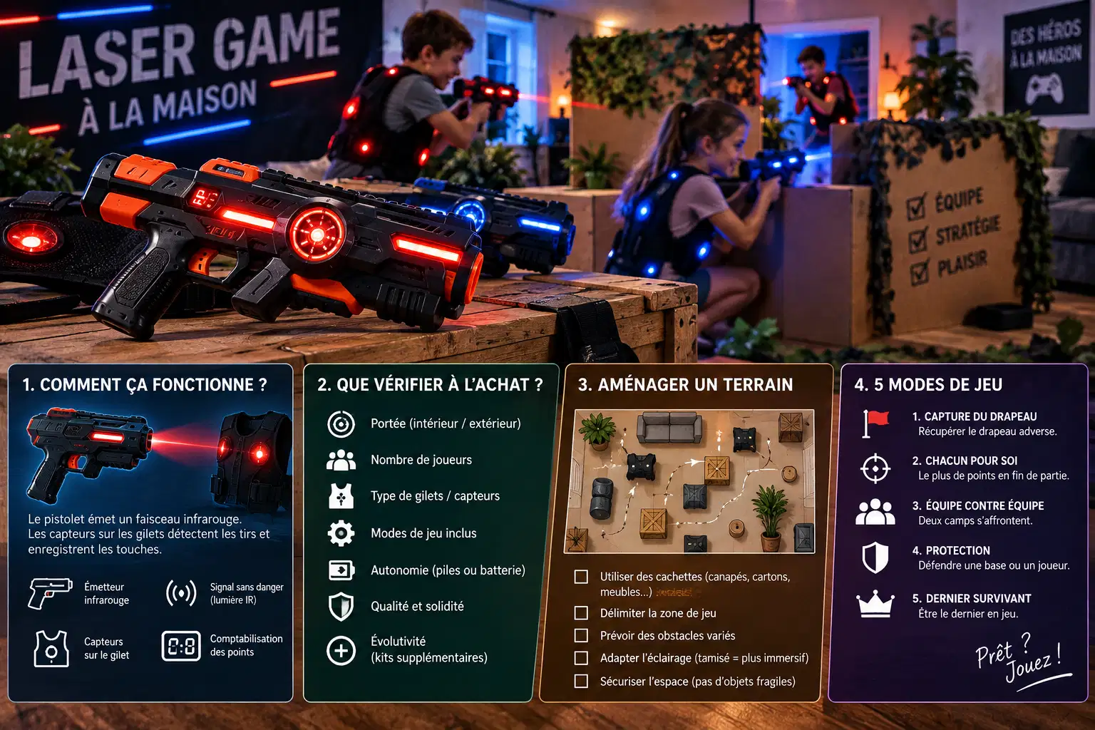 Infographie sur le laser game à la maison : fonctionnement du signal infrarouge, points à vérifier à l’achat, aménagement du terrain et cinq modes de jeu.
