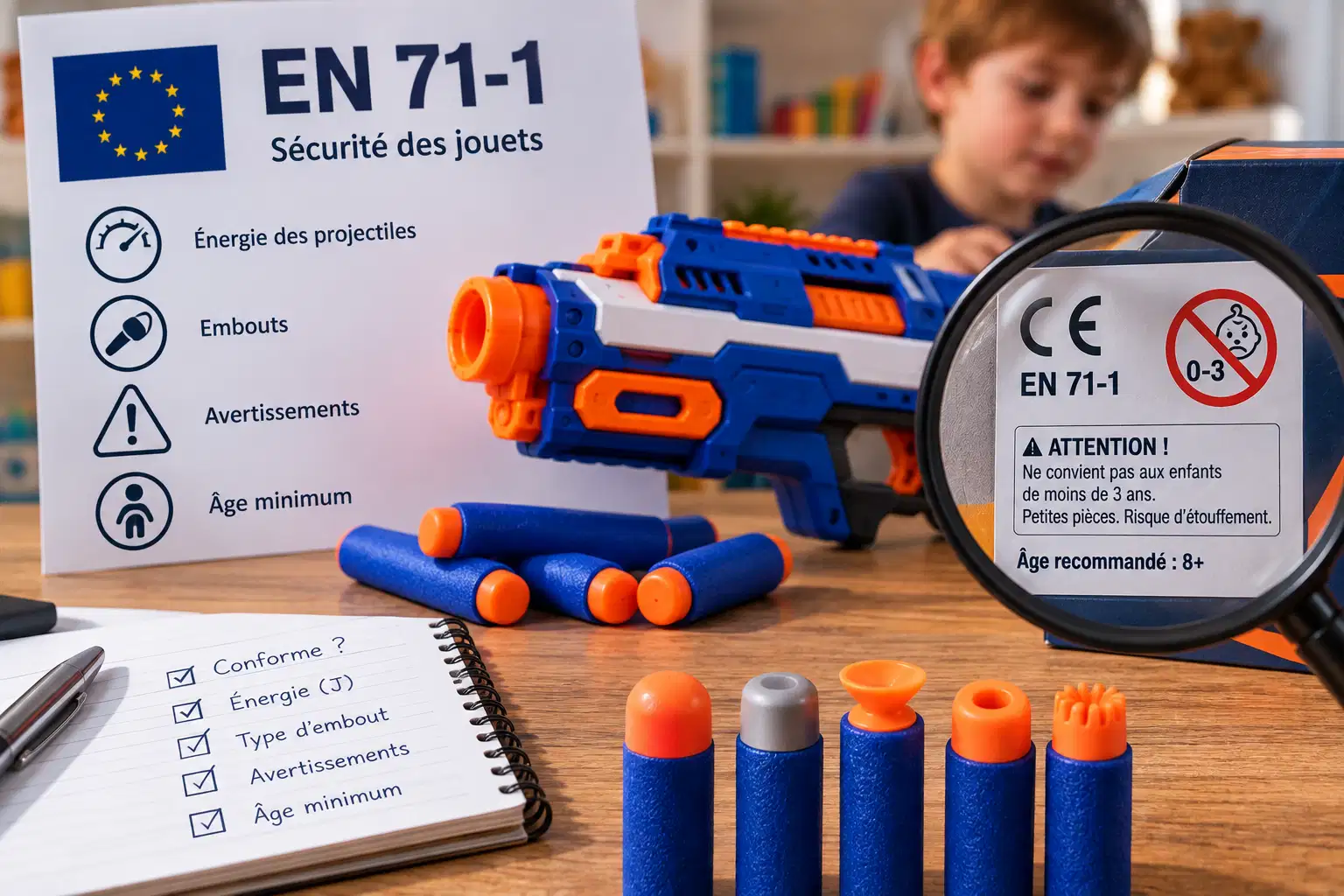 Une fiche « EN 71-1, sécurité des jouets » posée près d’un pistolet à fléchettes, une loupe grossissant une étiquette au marquage CE et à l’avertissement « ne convient pas aux enfants de moins de 3 ans », cinq embouts de fléchettes alignés et un carnet de vérification