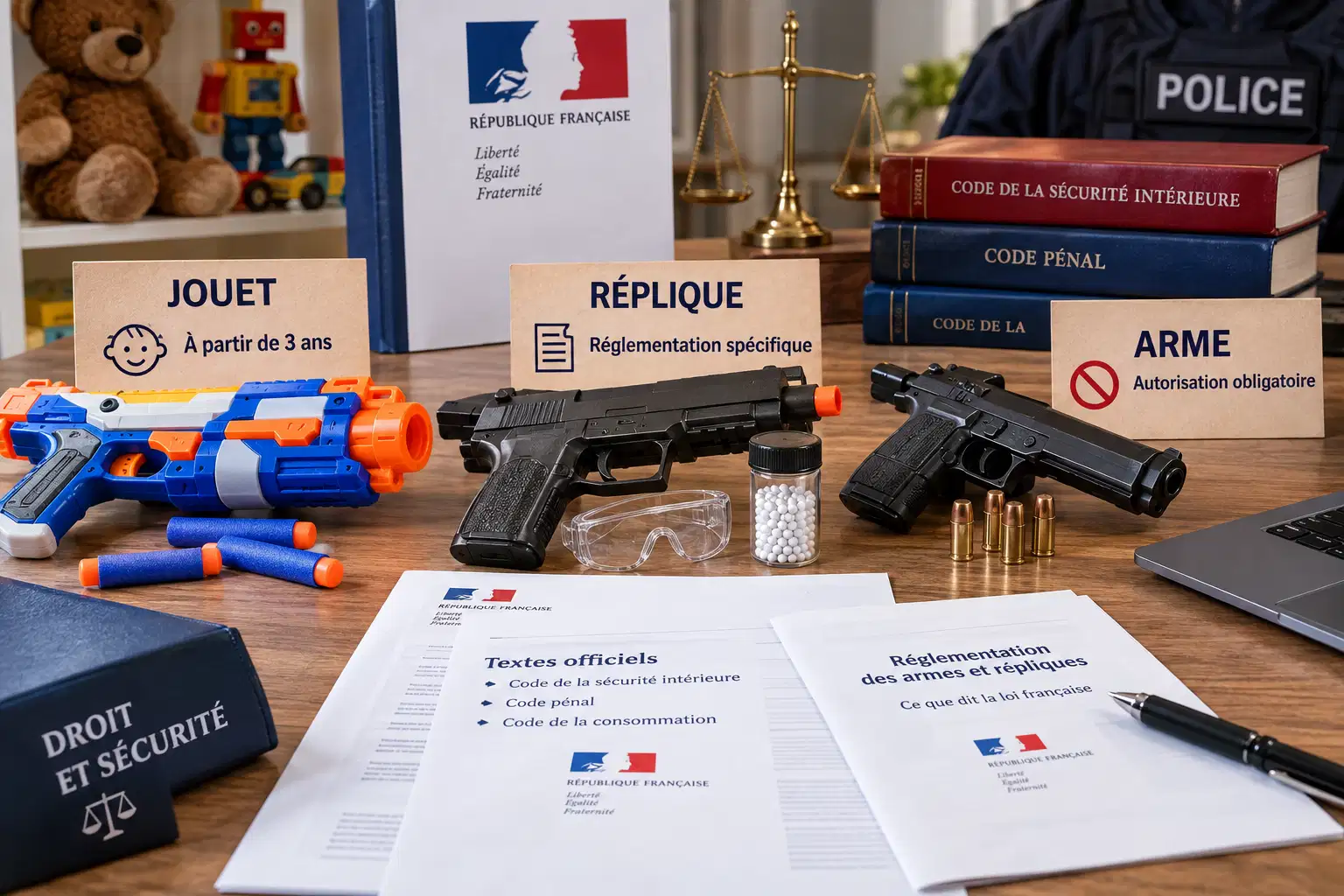 Sur un bureau, un blaster à fléchettes en mousse, une réplique noire avec des billes et lunettes de protection, puis un pistolet avec des munitions métalliques, chacun derrière un carton qui le classe en jouet, réplique ou arme ; au fond, le Code de la sécurité intérieure, le Code pénal et des documents officiels