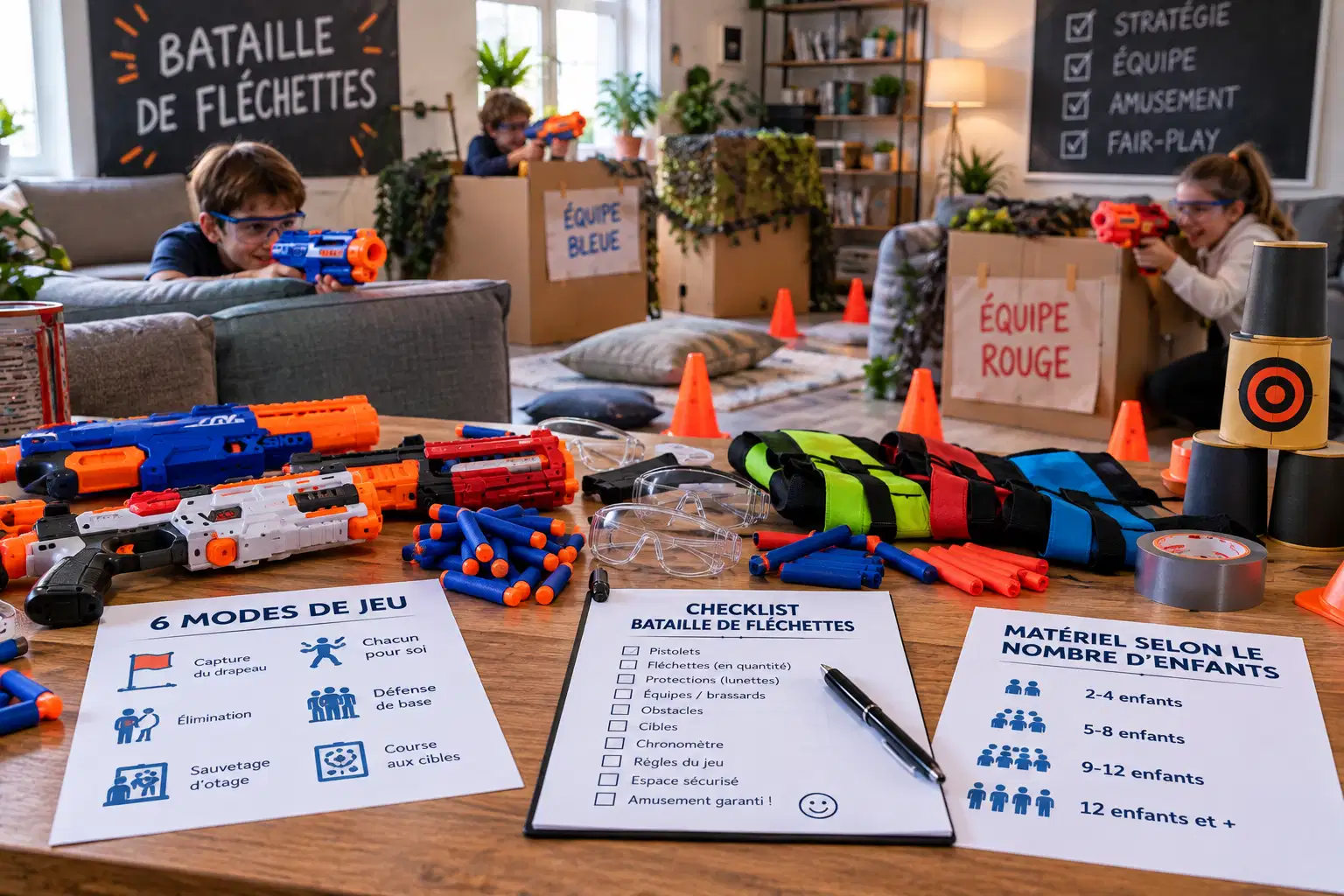 Trois enfants jouent à la bataille de fléchettes dans un salon, lunettes de protection sur les yeux, derrière des abris en carton marqués « équipe bleue » et « équipe rouge » ; au premier plan, des pistolets, des fléchettes, des brassards et des fiches de préparation