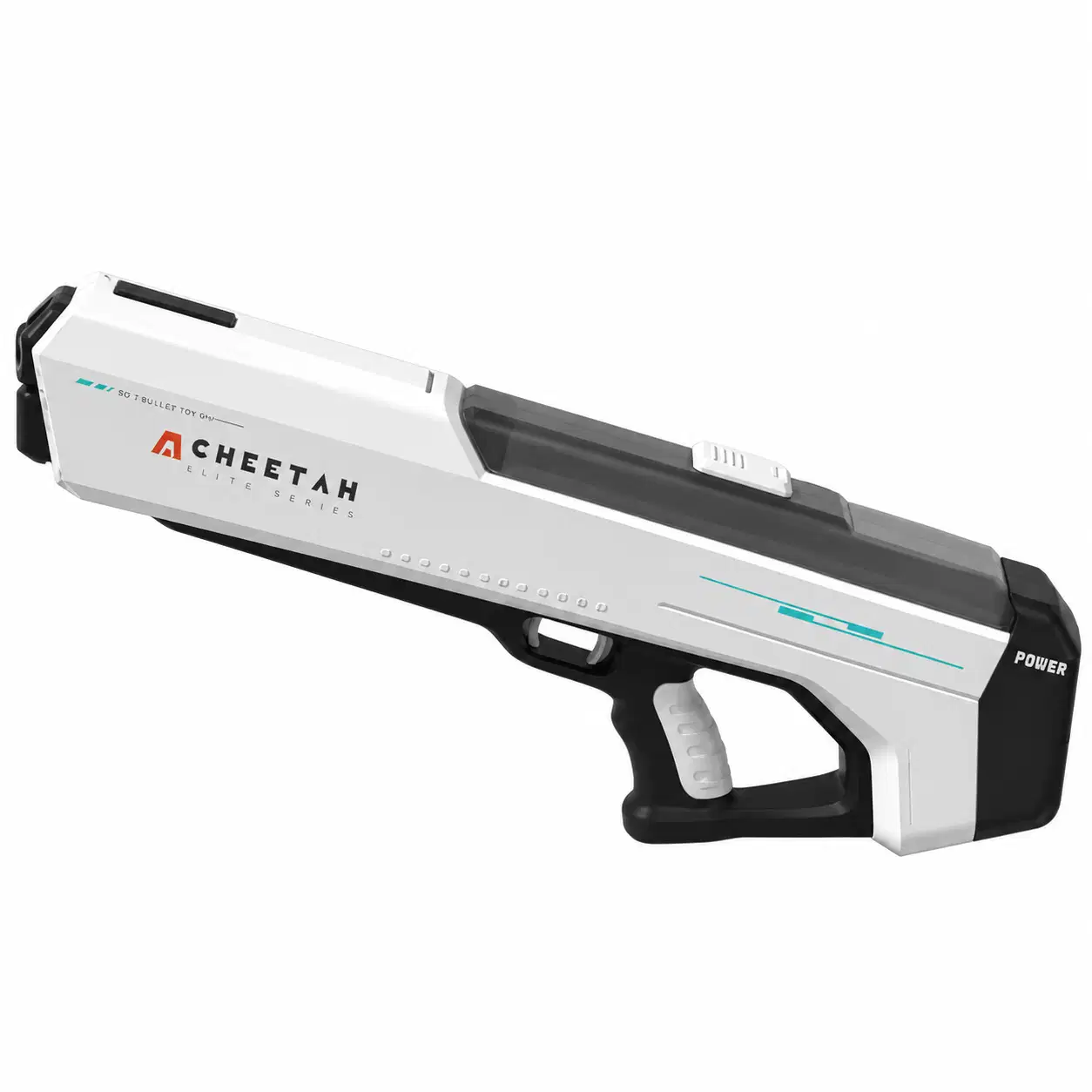 Fusil à eau électrique blanc et noir, vu de trois quarts, poignée sous le corps et bouton de mise en marche sur le dessus