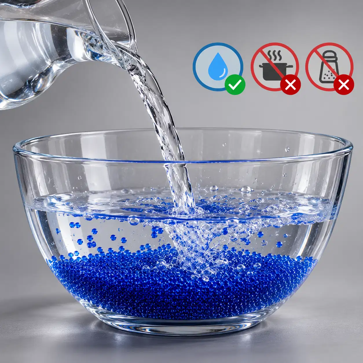 Eau froide versée sur les billes d’Orbeez, avec les pictogrammes interdisant l’eau chaude et l’eau salée