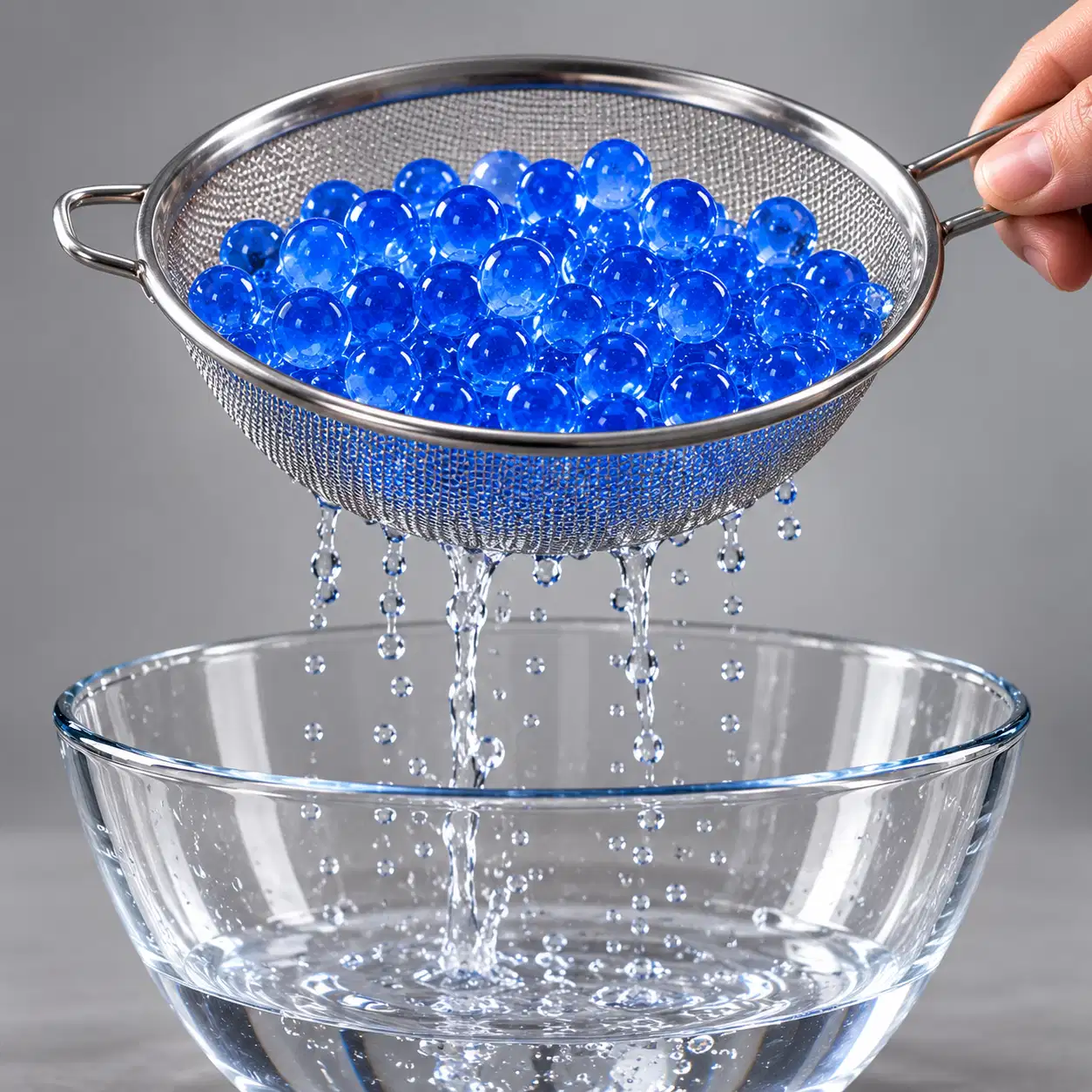 Billes d’Orbeez hydratées égouttées dans une passoire au-dessus d’un saladier