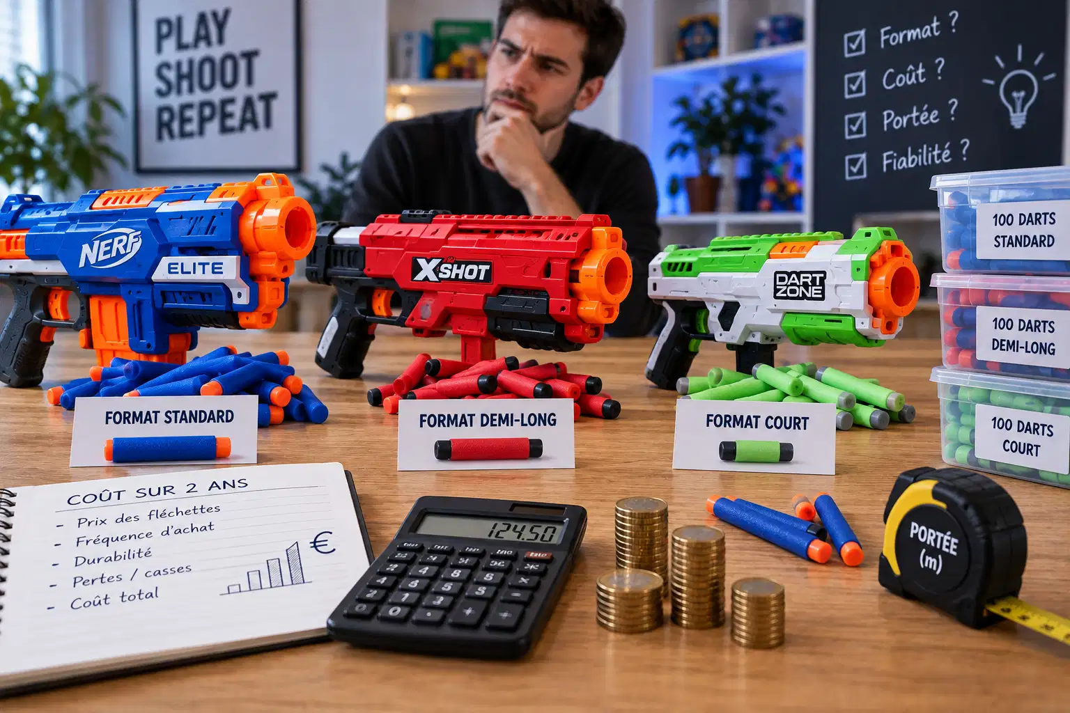 Trois pistolets à fléchettes alignés sur une table, chacun devant un tas de fléchettes de son format — standard, demi-long et court — avec des boîtes de cent recharges, une calculatrice, un carnet intitulé « coût sur 2 ans » et un mètre ruban