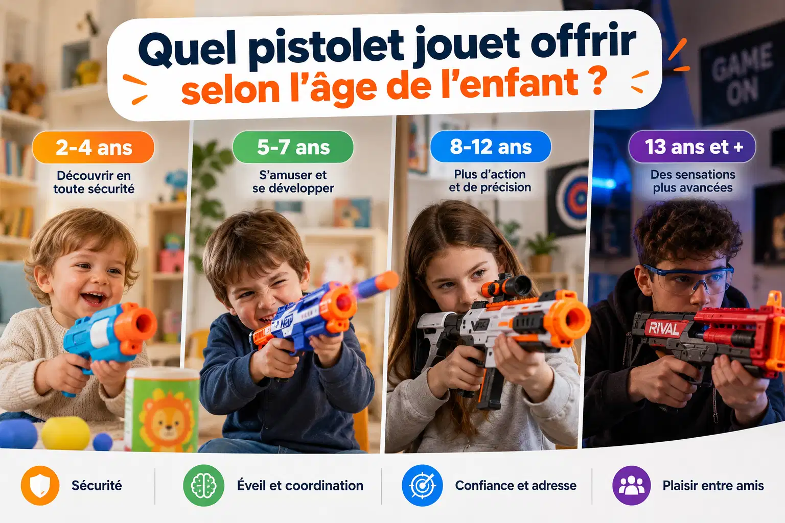 Quatre enfants d’âges différents, chacun avec un pistolet jouet adapté : un tout-petit avec un modèle à grosse poignée, un enfant avec un pistolet à fléchettes, une préadolescente avec un modèle à chargeur, un adolescent portant des lunettes de protection
