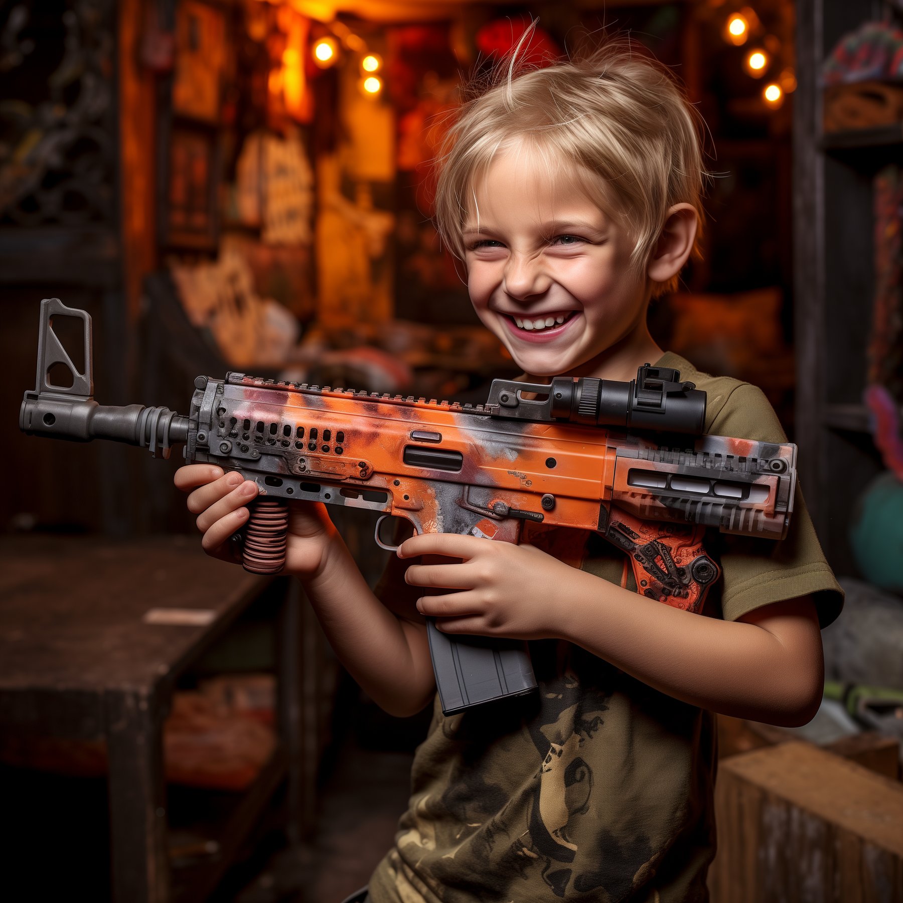 un enfant qui tient dans sa main un fusil à orbeez et qui sourit