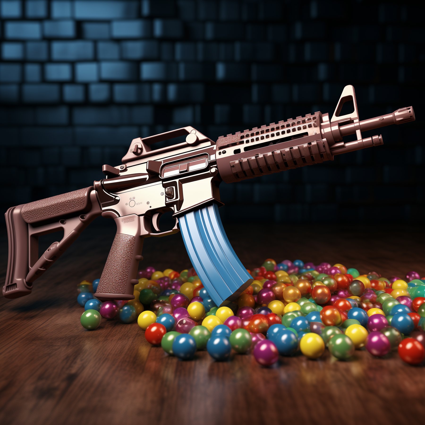 fusil à orbeez noir avec un chargeur bleu et des billes colorés d'orbeez sur une table