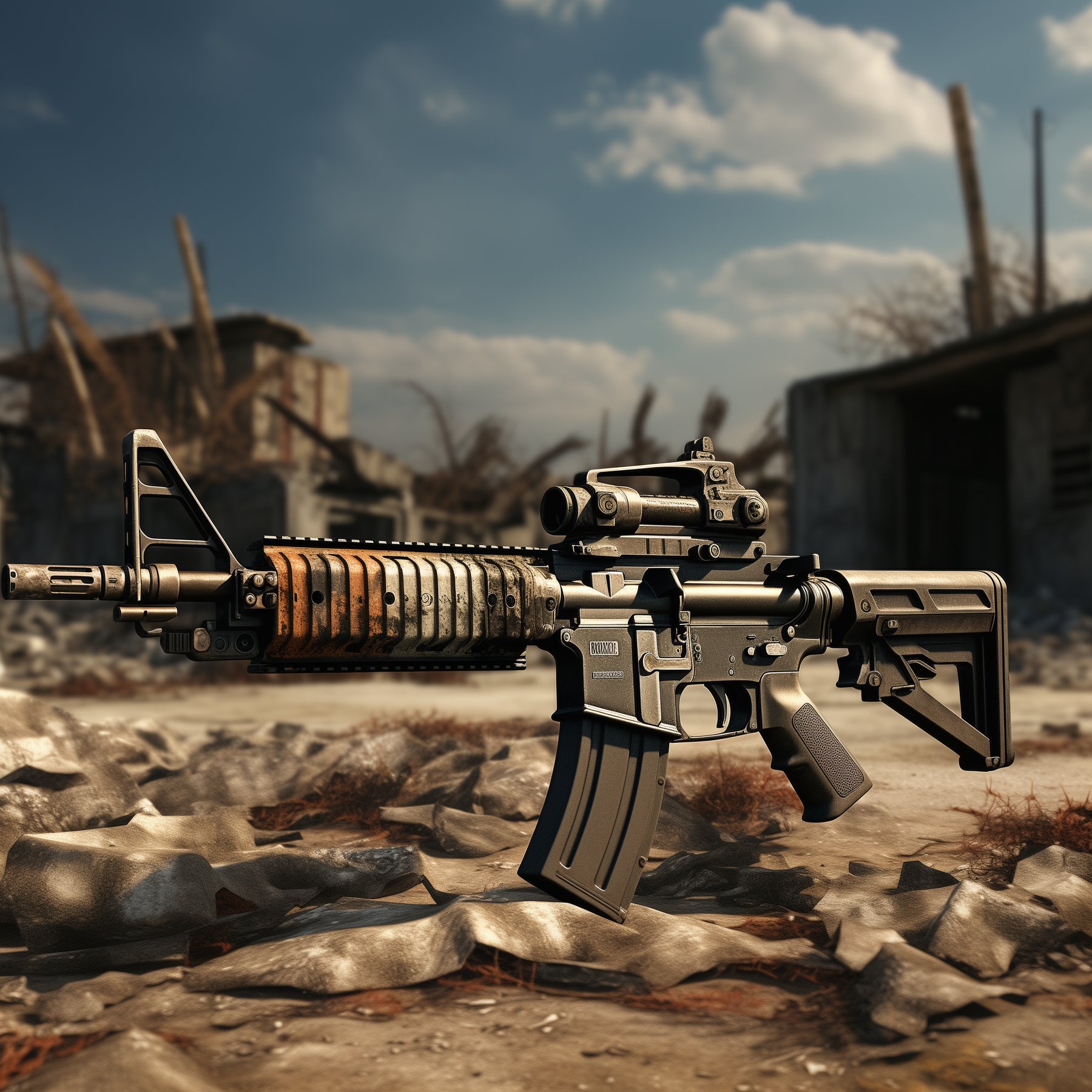 Un fusil à orbeez sur un champs de geurre
