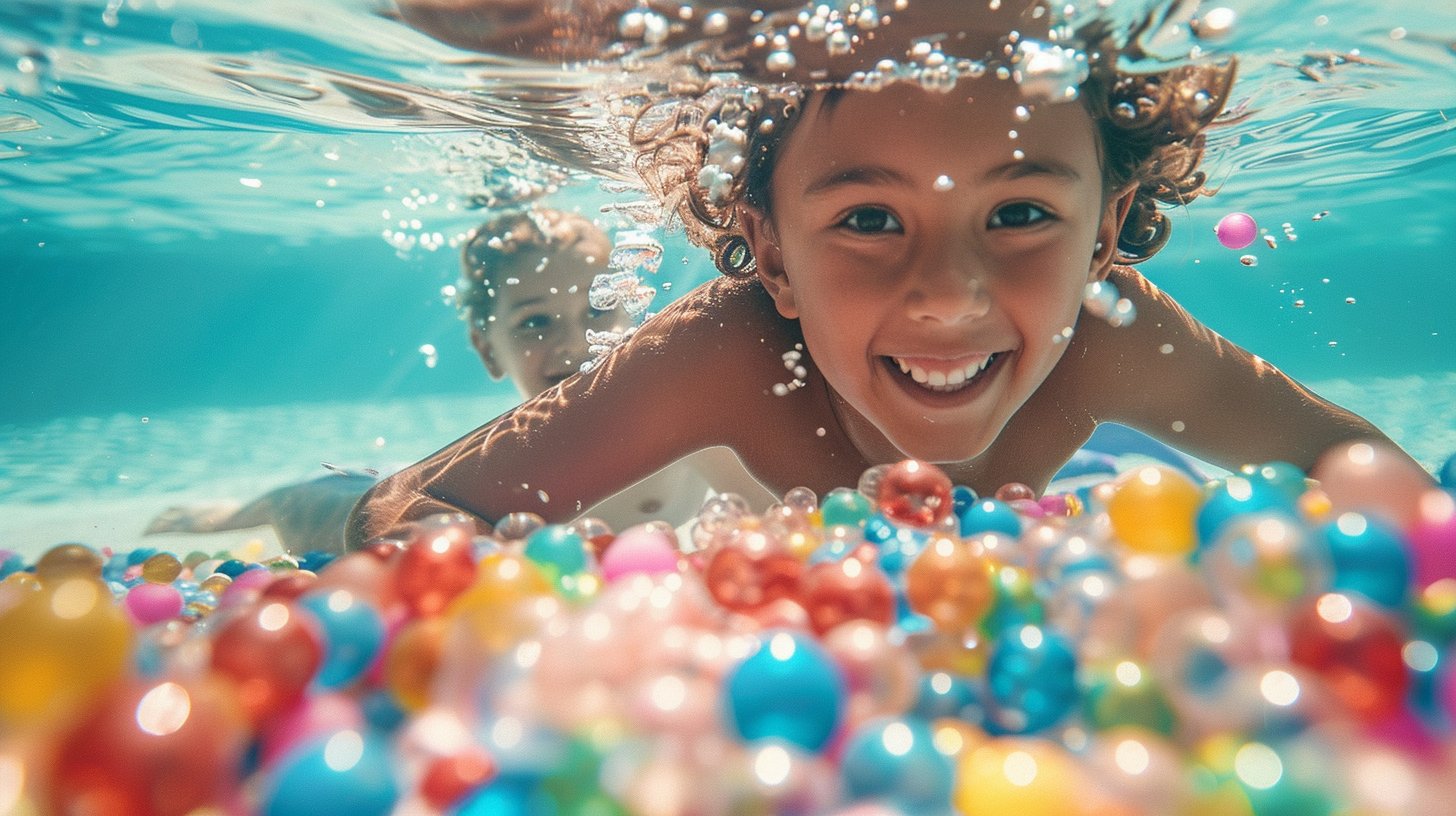 des enfants qui jouent avec des orbeez dans une piscine