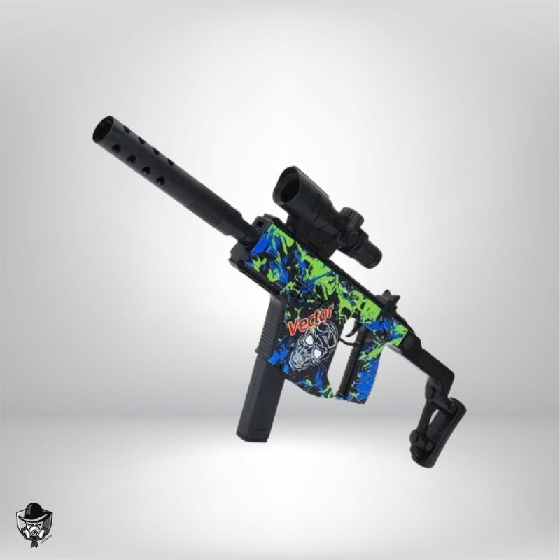 kriss vector gel blaster de couleur noire et verte avec des graffiti