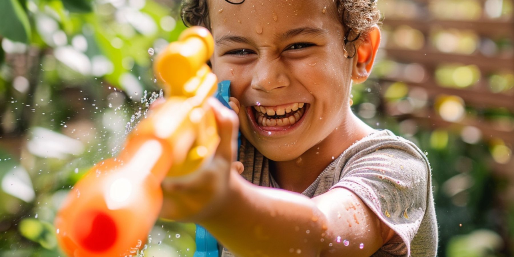 un enfant qui tient un pistolet à orbeez dans la main et qui visent ses amis